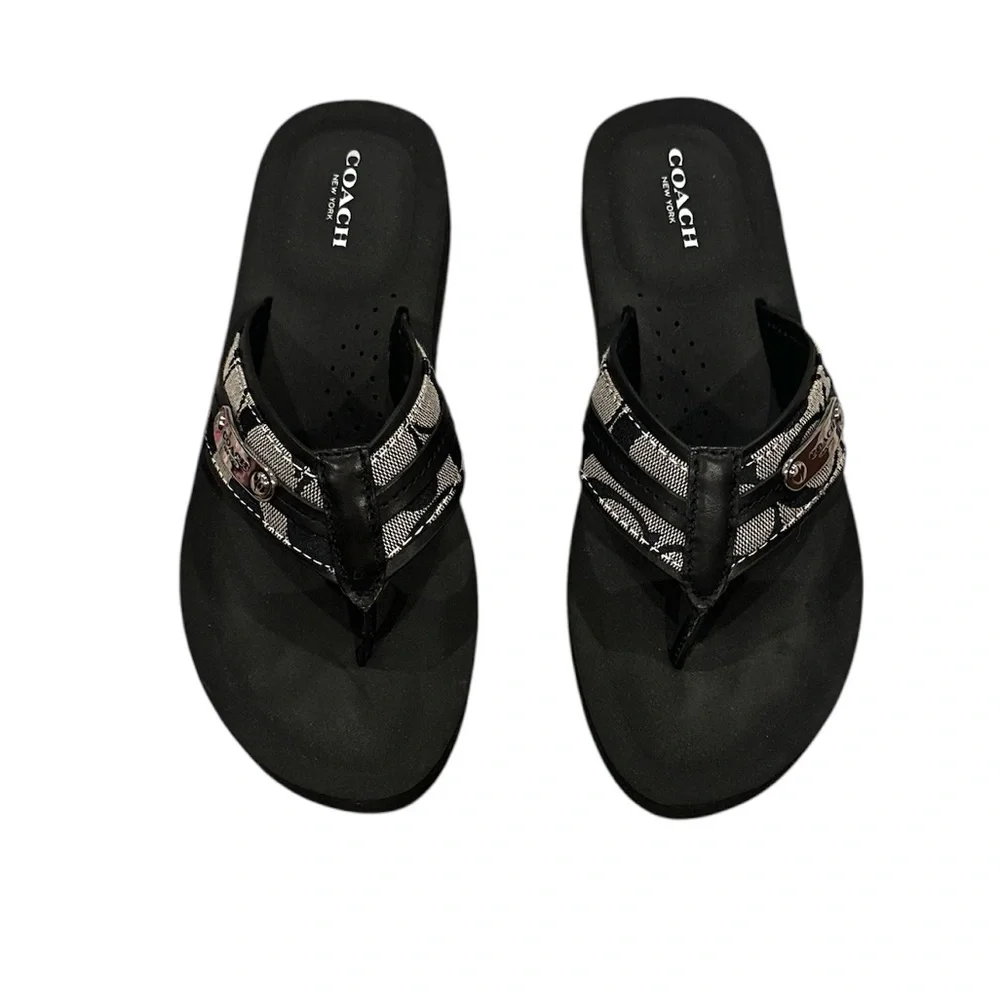 Coach Black White Silver Platform Cushioned Thong Toe Post Sandals 7 - Picture 2 of 8